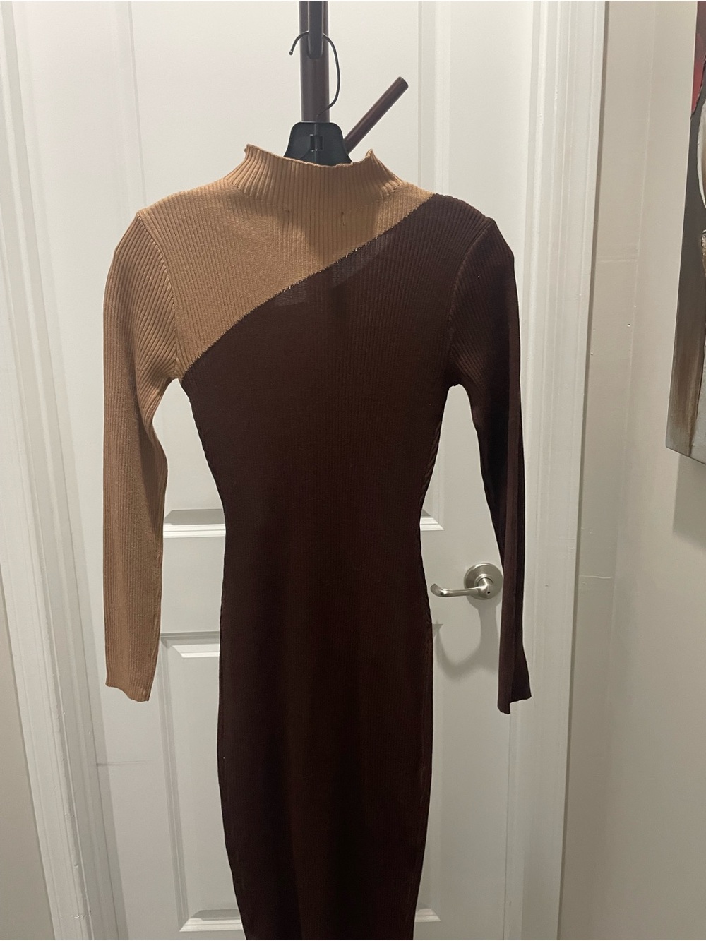 Almost Famous Two-Tone Ribbed Midi Dress in Brown and Camel